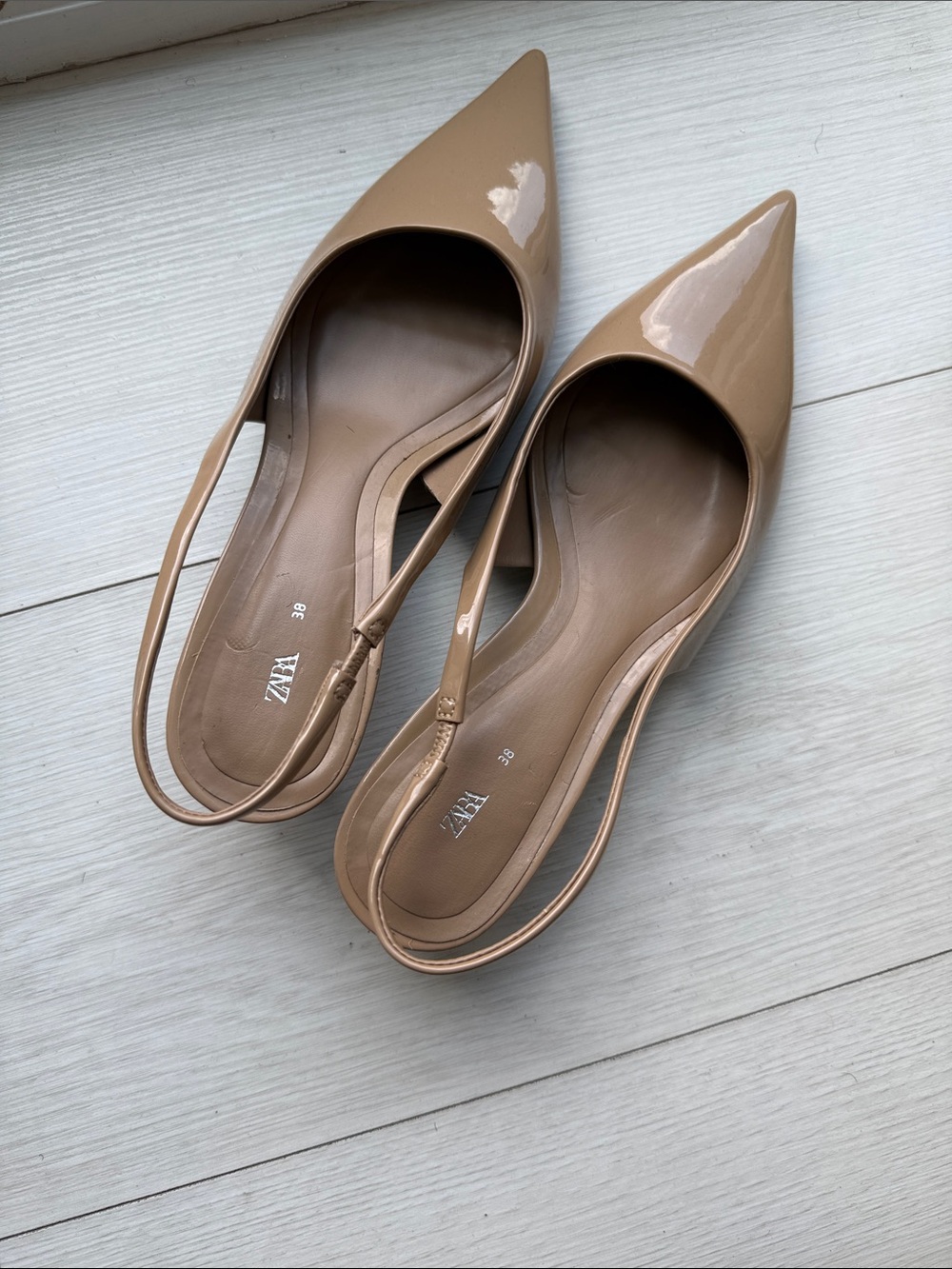 Zara Beige Patent Pointed Slingback kitten Heels